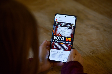 In this photo illustration, A social media post promoting the No vote on the justice referendum is displayed on a device. The constitutional referendum scheduled for March 22–23 will determine the fate of a landmark reform aimed at introducing the separation of careers between judges and prosecutors.