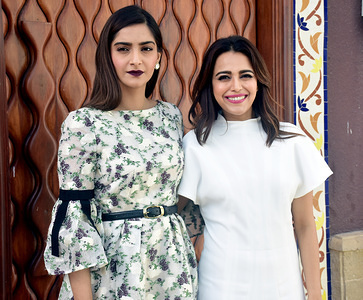 Indian film actress Sonam Kapoor and Swara Bhaskar pose for a picture during the promotion of film "Veere Di Wedding" at hotel Sun-n-Sand, Juhu in Mumbai.