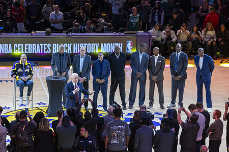 Kareem Abdul-Jabbar, James Worthy, Byron Scott, Jamaal Wilkes, Norm Nixon, A.C. Green, Bob McAdoo, Kurt Rambis and Magic Johnson attend as Pat Riley is honored during halftime of an NBA basketball game between the Boston Celtics and Los Angeles Lakers on February 22, 2026 at Crypto.Com Arena in Los Angeles, California.