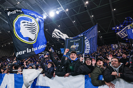 Atalanta BC supporters seen during the UEFA Champions League 2025/26 League Knockout Play-off Second Leg football match between Atalanta BC and Borussia Dortmund at New Balance Arena. Final scores; Atalanta 4 : 1 Borussia Dortmund.