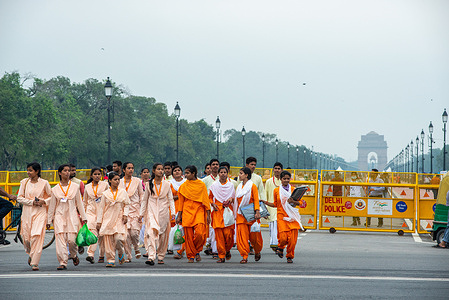 Group of Vedic School (education system of ancient India) students roaming on Kartavya path.