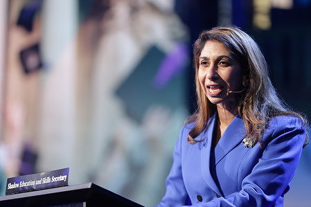 Suella Braverman, Spokesperson (Education and Skills Secretary) speaks as Reform UK leader Nigel Farage MP announces members of the party's shadow cabinet during a press conference in Westminster, London.