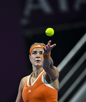 Karolina Muchova of the Czech Republic plays against Jaqueline Cristian of Romania (Not in picture) during their round of 64 match at the WTA Qatar TotalEnergies Open 2026 tennis tournament at the Khalifa International Tennis Complex. Karolina Muchova won against Jaqueline Cristian 6-2, 6-3.