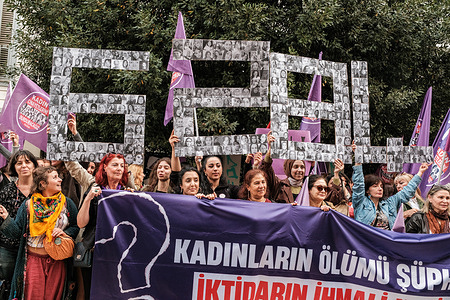 Female protesters seen carrying numbers in reference to Law No. 6284, which has been repealed during the demonstration. Women gathered in Istanbul to protest ahead of the International Day for the Elimination of Violence Against Women.