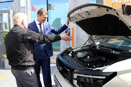 Sports Minister Mikhail Degtyarev during the presentation of the Lada Azimut car on the XXVIII St. Petersburg International Economic Forum at the Expoforum Convention and Exhibition Center in St. Petersburg, Russia.
