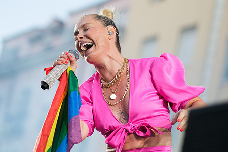 Singer Soraya Arnelas performs at the LGTB Pride in Madrid.