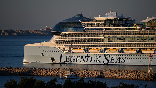 View of the passenger cruise ship Legend of the Seas as it arrives at the French Mediterranean port.
