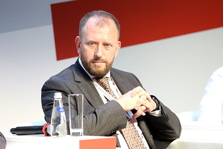 Igor Laukhin, Head of Brokerage Services Department, Sovcombank PJSC seen during the session Digital financial instruments: current agenda and prospects in Russia and the world of the Financial Congress of the Bank of Russia at The new stage of the Alexandrinsky Theater.
