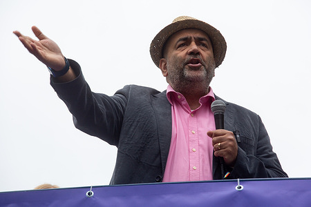 Omid Nouripour, vice president of the German Bundestag seen speaking during the rally. The Christopher Street Day parade took place in Berlin with thousands of people taking part and a huge number lining up on the streets to watch the many trucks and participants travel Leipzig Street to the Brandenburg Gate. This year's demo is taking place under the motto of "We will not stop until everyone is heard:" as part of the nationwide campaign "Never Be Silent Again".