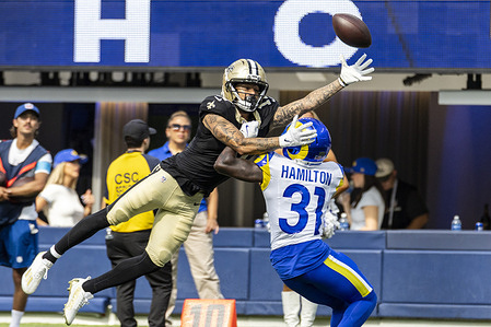 Los Angeles Rams Cornerback Al'Zillion "AZ" Hamilton (31) defects a pass intended for New Orleans Saints Wide Receiver Ronnie Bell (11) during an NFL football preseason game, in Inglewood, Calif. Final scores; Rams 34:0 Saints.