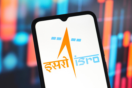 In this photo illustration, the Indian Space Research Organisation (ISRO) logo is seen displayed on a smartphone screen.