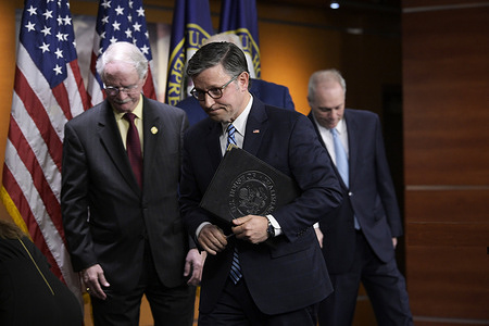 US House Speaker, Mike Johnson departs after speaking about Medicaid and Immigration policy at a press conference at HVC/Capitol Hill in Washington.