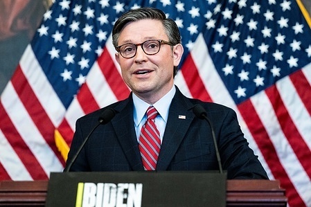 House Speaker Mike Johnson (R-LA) speaking at a press conference at the U.S. Capitol.