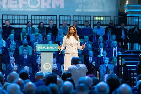 Suella Braverman, former Conservative Home Secretary, speaks during a Veterans for Reform rally at Old Billingsgate in London.