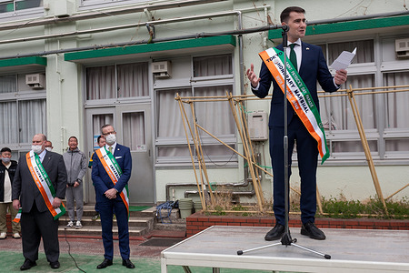 Irish Minister of State, Jack Chambers TD speaks at the start of the 28th Saint Patrick's Day parade in Omotesando, Tokyo. The parade is the largest and oldest St Patrick's Day event in Asia and returned this year after a 3 year hiatus caused by the Coronavirus. It was apart of a two day "I love Ireland" festival with food, music and other cultural events in nearby Yoyogi park.