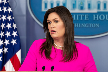Press briefing by White House Press Secretary Sarah Sanders (aka Sarah Huckabee Sanders) in the White House Press Briefing Room in the White House in Washington, DC.