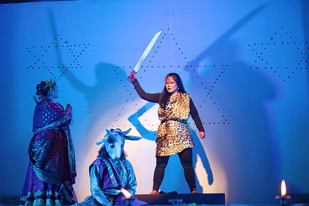 Artists from an aesthetic dance studio performed a traditional dance drama during the month-long Swasthani Barta Katha Festival on the last day of the Festival at Tokha. The month-long festival, dedicated to God Madhavnarayan and Goddess Swasthani, is celebrated with performances such as recitations of folk tales and traditional dance drama.