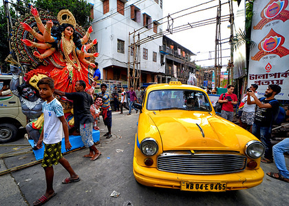 Idols of Devi Durga being carried away from the Artist Hub to different Pandals (Temporary Platform for Worshipping of Idols) ahead of the Durga puja, the biggest Hindu Festival. Maa Durga a goddess is worshipped for nine days during the festival which will start from 5th October 2019.