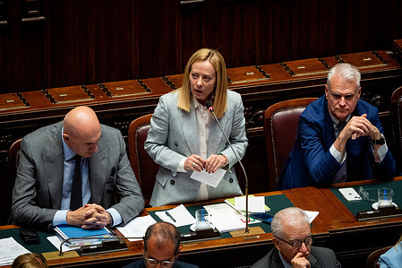 Italian Prime Minister Giorgia Meloni addresses the Italian Chamber of Deputies ahead of the next European Council at Palazzo Montecitorio.