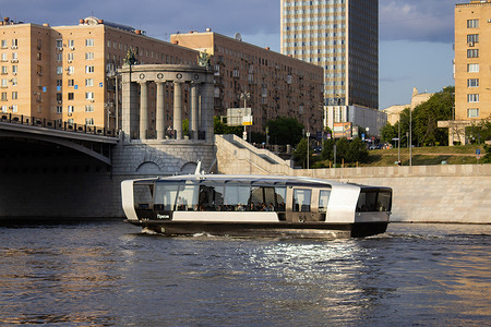 An electric river vessel is seen on the Moscow River. A new river route on the Moscow River, operated by new electric river trams, has been launched in Moscow.