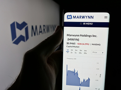In this photo illustration, a person is holding a cellphone with the webpage of US supply chain company Marwynn Holdings Inc. on screen in front of logo.