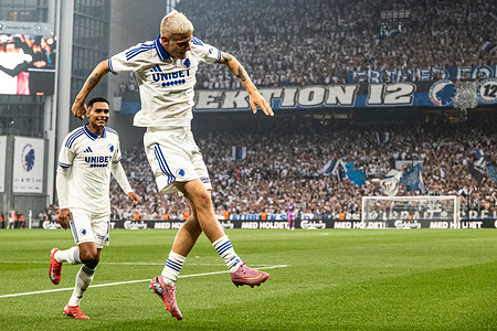 Magnus Mattsson #8 of F.C. Copenhagen celebrates a goal during the UEFA Champions League 2025/26 Third Qualifying Round Second Leg match between F.C. Copenhagen and Malmö FF at Parken Stadium. Final score: F.C. Copenhagen 5 : 0 Malmö FF.