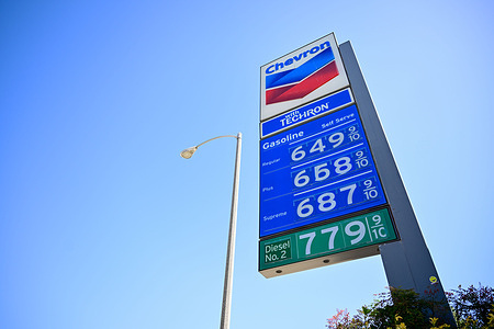Premium gasoline prices above $6 per gallon and diesel fuel prices above $7 per gallon are displayed at Chevron gas station in Pasadena as escalating tensions in the Middle East and uncertainty surrounding Iranian oil exports continue to drive higher fuel costs across Southern California.