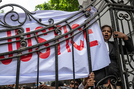 Advocates are seen shouting slogans during the demonstration outside the High Court building demanding justice for the victims arrested and killed in the recent countrywide violence. Bangladesh's government called for a day of mourning on July 30 for victims of violence in nationwide unrest, but students denounced the gesture and that it is disrespectful to their classmates who were killed during the clashes with police this month so they held a March for Justice.