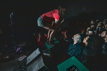 Frontman Cal Francis of English post-punk band DITZ performs live at the Covo Club in Bologna during their European tour. The Brighton quintet, led by frontman Cal Francis, performed songs from their latest album, Never Exhale, to a sold-out crowd.
