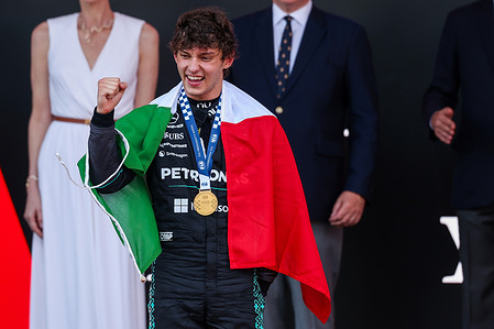 Kimi Antonelli of Italy and Mercedes-AMG Petronas Formula One Team W17 (12) celebrates the victory during F1 Grand Prix of Monaco 2026 - Podium Race at Circuit de Monaco.