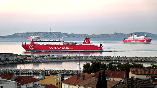 View of three ships of the Corsica Linea (the Vizzavona in the foreground, the Capu di Muru in the background on the right and the Capu Rossu on the left) arriving in Marseille. Corsica Linea ships are arriving at the French Mediterranean port of Marseille, before the start of a multi-day strike.