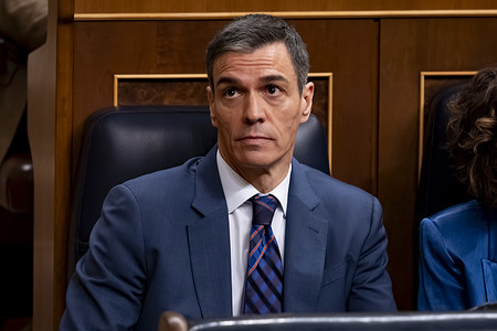 Spanish Prime Minister Pedro Sanchez is seen at the Spanish Congress of Deputies during the plenary session. During the session, the Prime Minister informs lawmakers about Spain's position regarding the war in Iran.