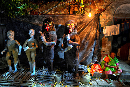 Demon clay sculptures seen kept on the roadside ahead of Kali puja festival. Goddess Kali seen being worshipped as a saviour from all evil forces, demons and a source of Power, Happiness as per Hindu Mythology.