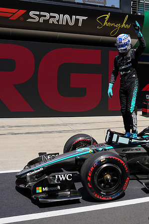 Sprint winner George Russell of Great Britain and Mercedes AMG Petronas F1 team celebrates in parc ferme during the Sprint ahead of the F1 Grand Prix of China at Shanghai International Circuit.