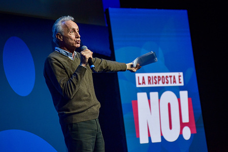 Journalist and Il Fatto Quotidiano editor Marco Travaglio speaks during the Five Star Movement's final No campaign event against the justice referendum at the EUR Congress Center. The referendum on March 22-23 will decide on a constitutional reform introducing separation of careers between judges and prosecutors.