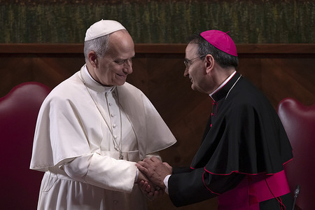 Pope Leo XIV greets Monsignor Alfonso Amarante, Rector Magnificus of the Pontifical Lateran University during the inauguration of the 2025–2026 academic year.
