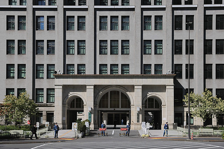 View of the entrance to the Japanese Ministry of Finance building inside the government district in central Tokyo.