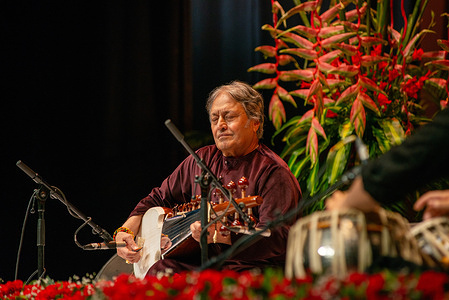 Indian classical musician Ustad Amjad Ali Khan performs during an event for the Sumitra Charat Ram Award for Lifetime Achievement 2023 at Kamani Auditorium. Shobha Deepak Singh has been honored with the Sumitra Charat Ram Award for Lifetime Achievement 2023. This award recognizes her dedication to the Shriram Bharatiya Kala Kendra and her significant efforts in promoting Indian culture. Launched in 2010, the award celebrates exceptional artists who have made lasting contributions to Indian classical music and dance.