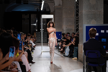 A model walks the runway during Goncalo Peixoto fashion show at ModaLisboa Pebbling, Lisbon Fashion Week in Lisboa.