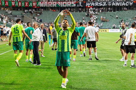 Luis Gustavo Ledes of AEK celebrates a promotion during the 3rd round qualifying UEFA Europa League match between Legia Warszawa and AEK Larnaca at Marshal Jozef Pilsudski Legia Warsaw Municipal Stadium. Final score; Legia Warszawa 2:1 AEK Larnaca. (Larnaca qualified with an aggregate score of 3:5).