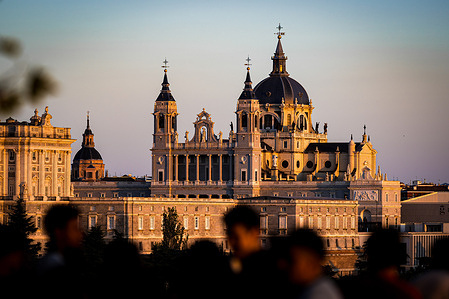 View of the cathedral of Madrid seen from Debod Temple.