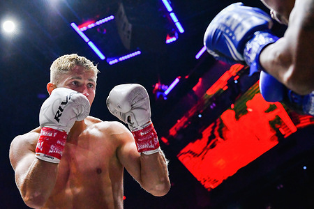 Russian professional boxer and Youtuber Sergei Vorobev (left) (19-2) fights against Chaiwat Mueanphong (right) (8-5) seen in action during a 6 round scheduled bout. Vorobev ended up winning by TKO in the 5th round.