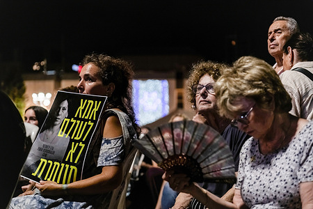 Israeli citizens take part in a demonstration at the so-called hostage square. Dozens of citizens gathered in the so-called hostage square, the area of the Cultural and Art Center in Tel Aviv, in occasion of a projection of docufilm related to the Hamas abuse against Israeli hostages. The demonstration, as for any activity related to the hostages, was organised by the hostages’ families committee, daily present in the area to ask the government to “bring them home now”.