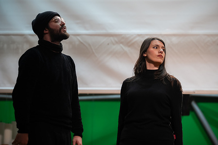 Gaetano Migliaccio (L) and Giovanna Sannino (R) perform live during the theatrical show P' 'a via.