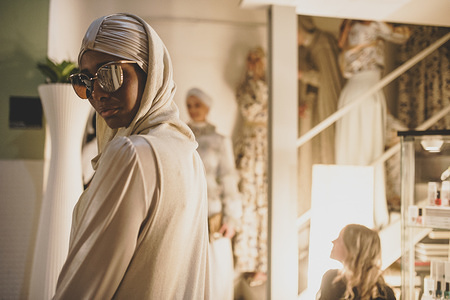 A model seen showcasing a design during the fashion week event.
The Islamic Fashion & Design Council (IFDC) hosted a Milan Fashion Week Modest Soiree, dedicated to Modest Fashion, presenting the winners of the IFDC’s Award in Turin. The event hosted four labels: Bow Boutique (from Saudi Arabia), Isabella Caposano (Italy), Luya Moda (Italy), Chantique (Brunei). The event is represented by the Shukran Social Network, with the partnership of Ithaly, a Made-in-Italy brand for halal products. (Valeria Ferraro/Polaris)