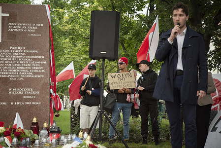 A participant speaks at the monument during the 3rd March in Memory of the Victims of the Volhynia Massacre. 11 July marked the 83rd anniversary of the Volhynia Massacre. This was ‘Bloody Sunday’, now recognised as the historical peak of the genocide in Volhynia. In July 1943, units of the UPA (Ukrainian Insurgent Army) attacked Polish villages. It is estimated that between 1943 and 1945, over 100,000 Poles were killed at the hands of Ukrainian nationalists. The route of the Gdańsk march commemorating the victims of the Volhynia massacre led from St Catherine’s Church directly to the Monument to the Memory of the Victims of the Extermination of the Polish Population in Volhynia.