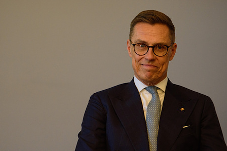 President of Finland Alexander Stubb seen during his meeting with Lithuanian President Gitanas Nauseda (not in view) at the Presidential Palace. President of Finland arrived in Lithuania on May 14 for a two-day state visit. In Vilnius, he met with Lithuanian President Gitanas Nauseda, after which the two leaders addressed the media at a press conference.