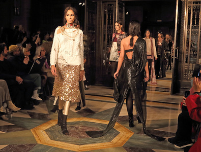 Models seen on the Rocky Star Catwalk Show Autumn Winter 2019. Indian fashion designer presents his latest collection at off-schedule London Fashion Week show at the Freemasons Hall.