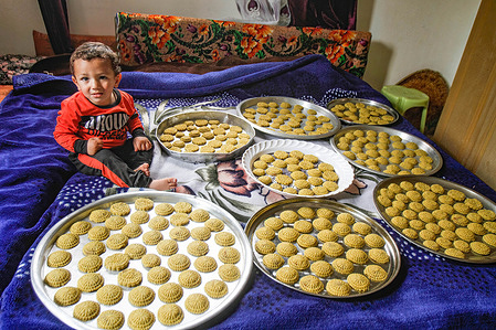 General view of the "Maamoul" dessert dish prepared by a Palestinian woman in her home, in the city of Nablus, in the occupied West Bank ahead of Eid al-Fitr. Maamoul is a kind of popular sweets that are famous in Palestine, and their making increase on Islamic holidays, and it is considered a tradition, as most Palestinian homes prepare these sweets to be presented to people on Eid al-Fitr.