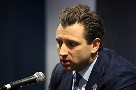Roman Rotenberg, Head Coach of SKA Hockey Club at a press conference, during the Kontinental Hockey League, regular season KHL 2023 - 2024 between SKA Saint Petersburg and Metallurg Magnitogorsk at the Ice Sports Palace. Final score; SKA Saint Petersburg 1: 2 Metallurg Magnitogorsk.